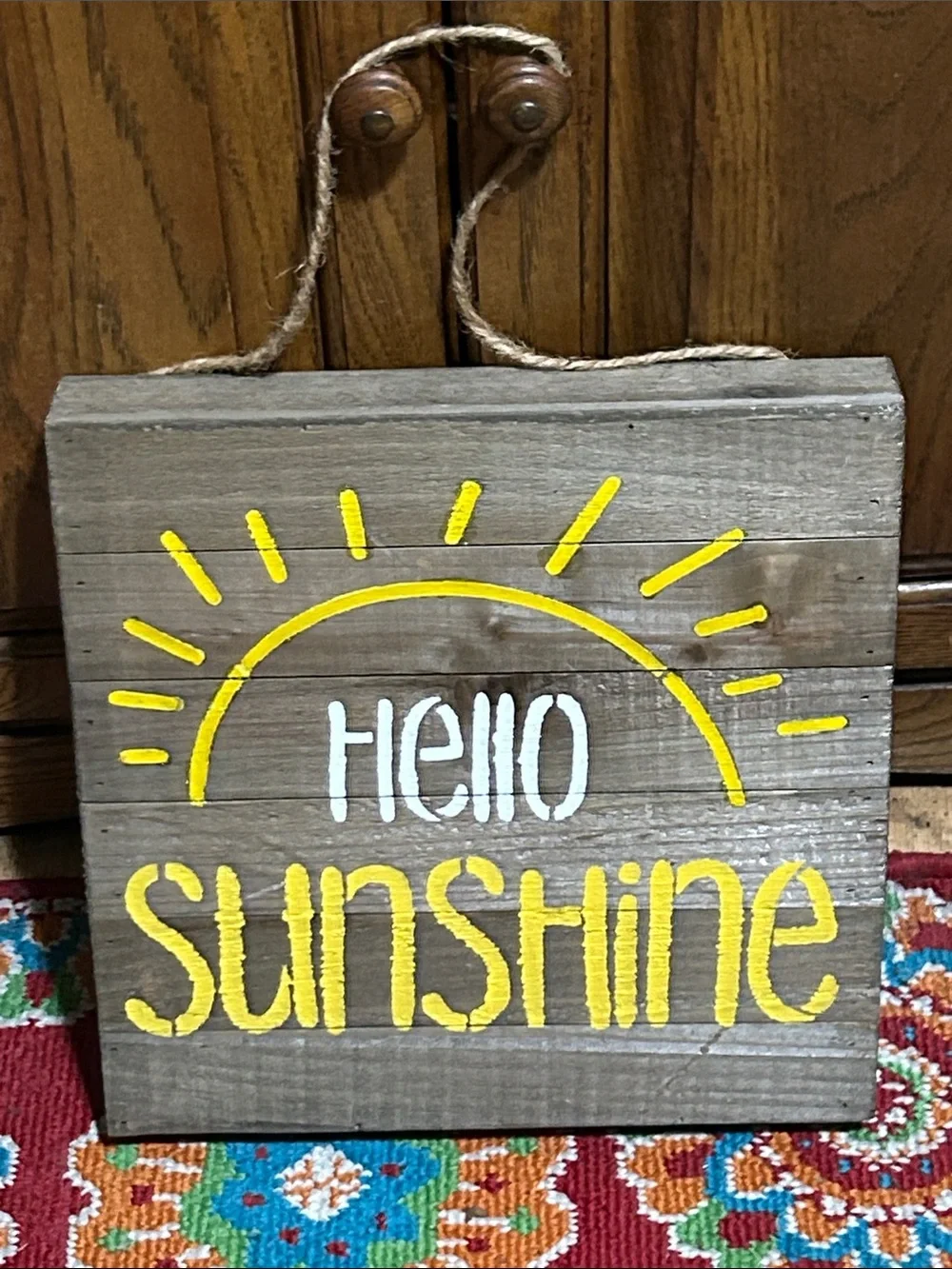 Hello Sunshine Rustic Wood Wall Sign - Yellow and White New